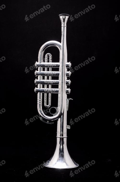 Preview: Silver vintage toy trumpet on a black background