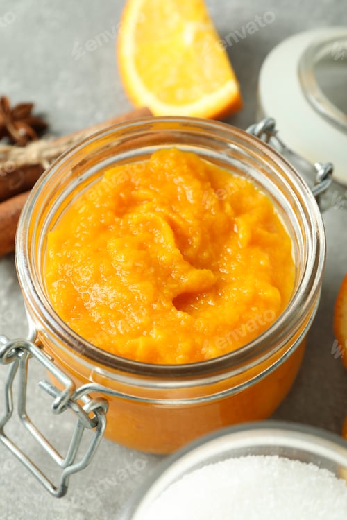 Preview: Concept of tasty food, pumpkin jam, close up