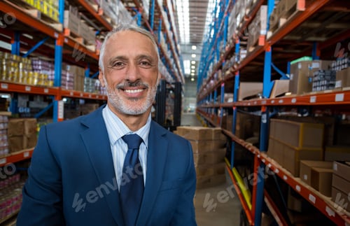 Preview: Racks rising in warehouse, holding palletized cardboard boxes along long central aisle under lights