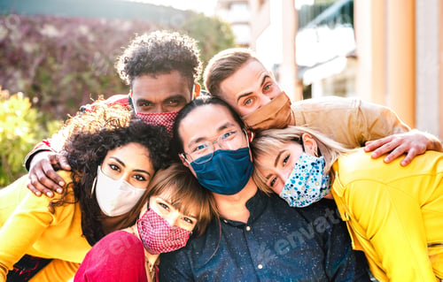 Preview: Multicultural milenial friends taking selfie smiling behind face masks
