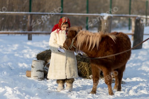 Preview: little girl in a white fur coat feeds a pony in winter on a farm