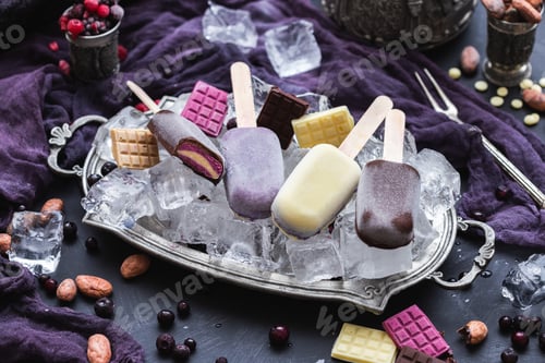 Preview: Beautiful shot of homemade vegan ice cream and chocolate bars on ice cubes in a metal plate