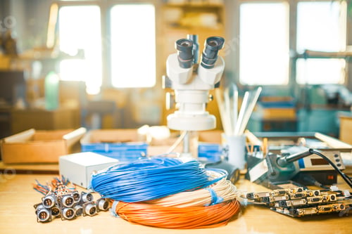 Preview: Modern microscope, electronic components in a scientific laboratory