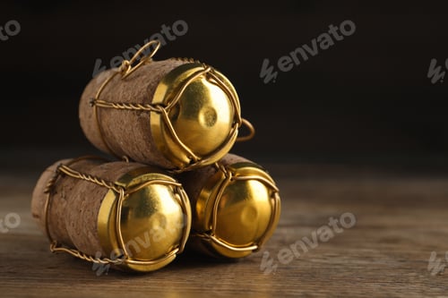 Preview: Corks of sparkling wine and muselet caps on wooden table, closeup. Space for text