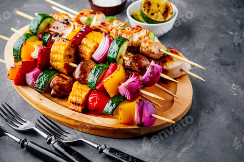 Preview: Grilled vegetable and chicken skewers with sweet corn, paprika, zucchini, onion, tomato and mushroom