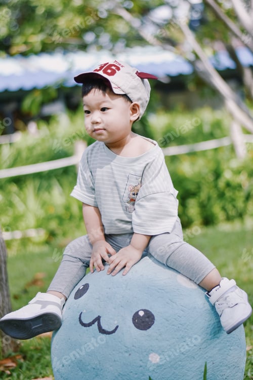 Preview: happy little boy playing on playing on the playground at the day time