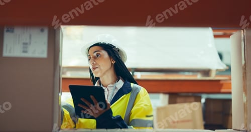 Preview: Logistics, tablet and box with woman in warehouse for inventory, supply chain or shipping. Export,