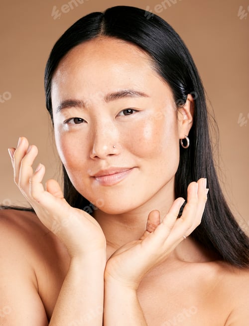 Preview: Portrait, face or Japanese woman in beauty, skincare or grooming routine isolated on studio backgro