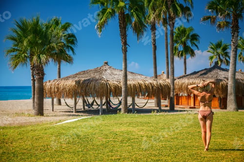 Preview: Back view of a young woman walking along the beach