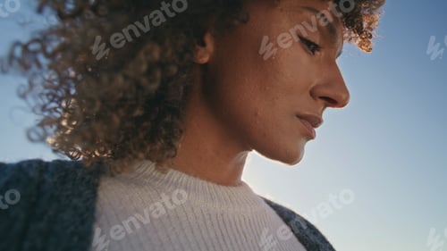 Preview: Upset woman thinking sky background closeup. Girl with boyfriend after breakup
