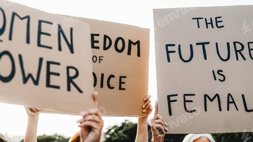 Preview: Crowd of women protest for female rights holding signs at demonstration outdoors in the road city.