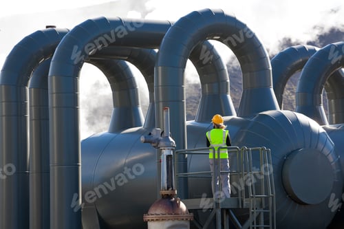 Preview: Rear view of woman engineer standing on a platform at a Geothermal Plant.