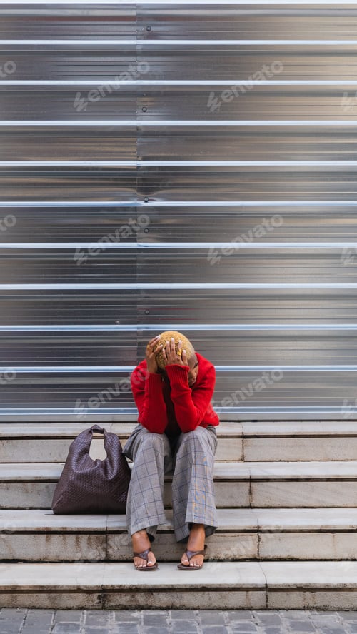Preview: Stressed young black woman covering face with hands