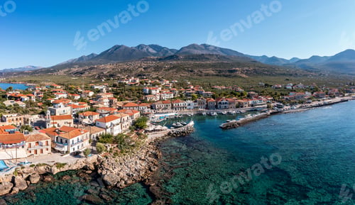 Preview: Greece Peloponnese. Mani, Agios Nikolaos traditional fishing village and port, aerial view