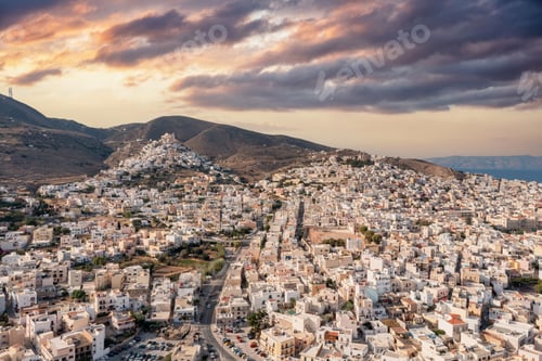 Preview: Syros island, Greece, aerial drone view. Ermoupolis and Ano Siros town cityscape