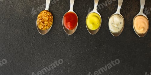 Preview: Sauces, Portion Serving (Ingredients And Dressing To Main Dishes). Top View. Copy Space