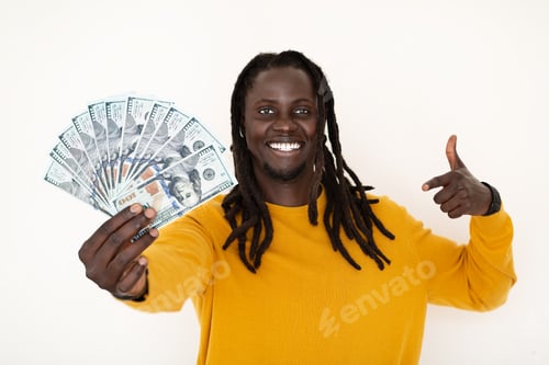 Preview: Great Profit. Happy Black Guy Holding Dollar Cash And Showing Thumb Up