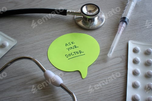 Preview: Stethoscope, syringe, tablets and speech bubble with text ASK YOUR DOCTOR.