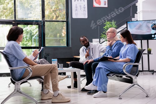Preview: Diverse medical team discussing with injured elderly patient to remove neck collar during