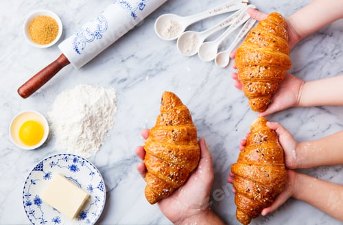 Preview: Croissants, Baking Ingredients with Father and Kids Hands. Top View.