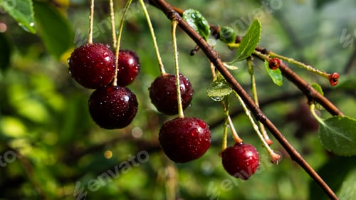 Preview: Ripe sour cherry in the garden, close-up shooting with fresh juicy berries.