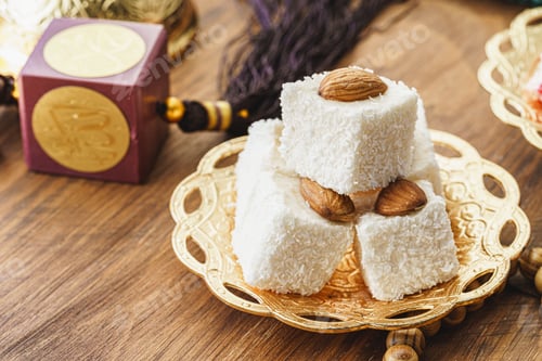 Preview: Turkish delight sweets on a metal oriental plate
