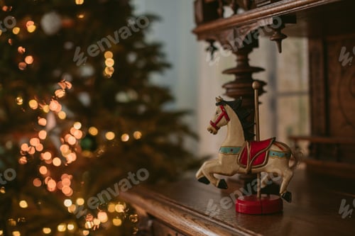 Preview: Wooden toy horse on the dresser. Christmas background.