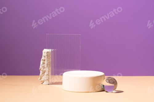 Preview: Creative geometric podium, bright sunlight and shadows purple background, gothic style, mockup
