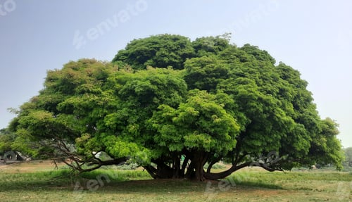 Preview: Massive lush green tree with wide branches in the field under a blue sky