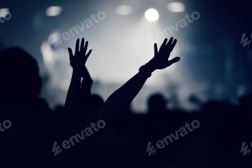 Preview: Crowd partying at a music concert, audience with raised arms