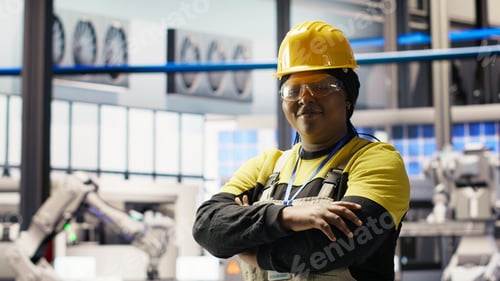 Preview: Portrait of jolly smart factory engineer calibrating high tech machinery