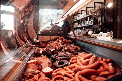 Preview: Many types of sausages in the butcher shop