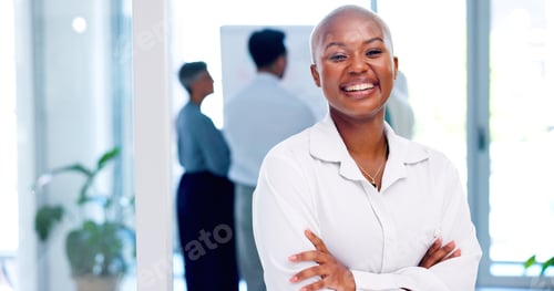 Preview: Face of a business black woman proud and happy with company values, mission and inclusion culture i