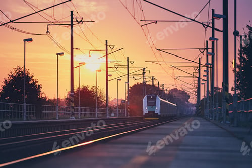 Preview: Passenger train at sunrise.