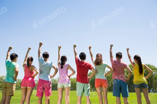 Preview: Rear view of eight young adults standing on grass