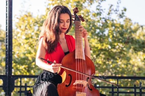 Preview: Woman musician playing cello outdoors