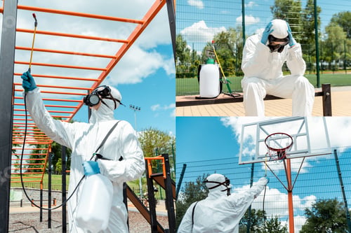 Preview: collage with stressed specialist in hazmat suit and respirator disinfecting sports ground and