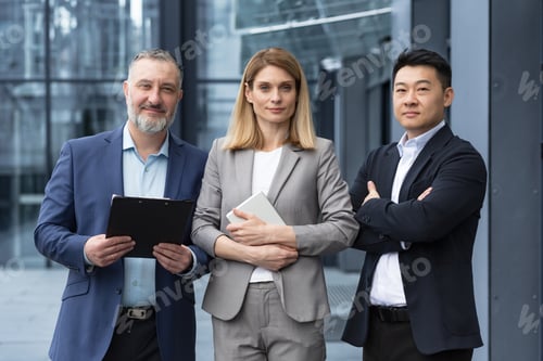 Preview: Diverse team man and woman outside office building business people with crossed arms looking
