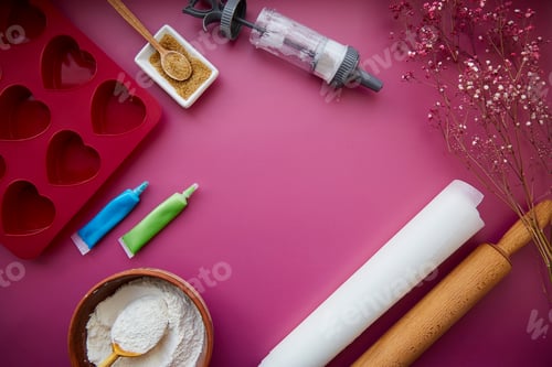 Preview: Preparing for baking: heart-shaped silicone mold, rolling pin, confectionery syringe, g