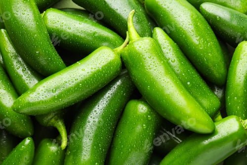 Preview: Many wet green jalapeno peppers as background, closeup