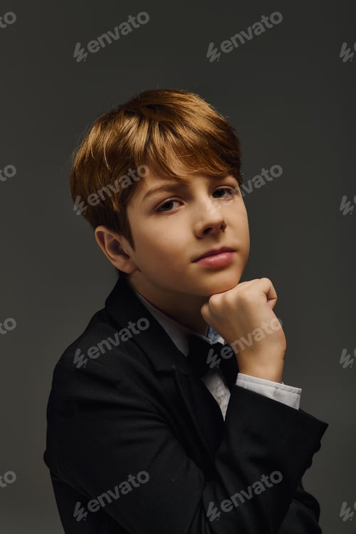 Preview: Preteen boy in elegant attire poses confidently in a studio setting
