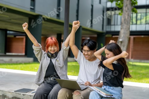 Preview: Three people are sitting on a bench, one of them holding a laptop
