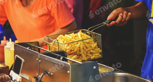 Preview: Employees frying french fries with hot oil. Selling food on the street.