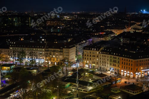 Preview: Historic Munich Facades and Skyline - Fall Night Aerial Time Shift