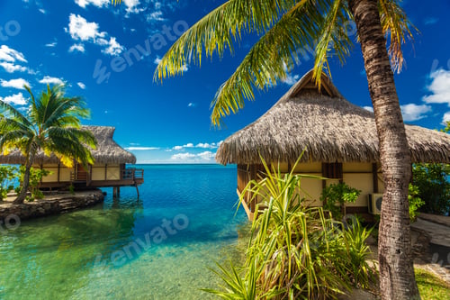 Preview: Over water bungalows and green lagoon, Moorea, French Polynesia