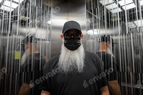 Preview: Mature man with gray beard wearing face mask for protection against corona virus Covid-19