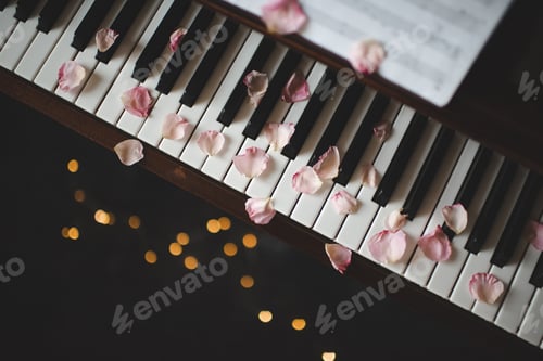 Preview: Piano keys with rose petals in dark closeup