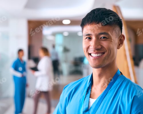 Preview: Portrait Of Smiling Male Doctor Or Nurse Wearing Scrubs In Hospital With Colleague In Background