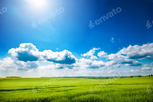 Preview: Day natural view at German pastures and cornfields under blue cloudy skies spring time