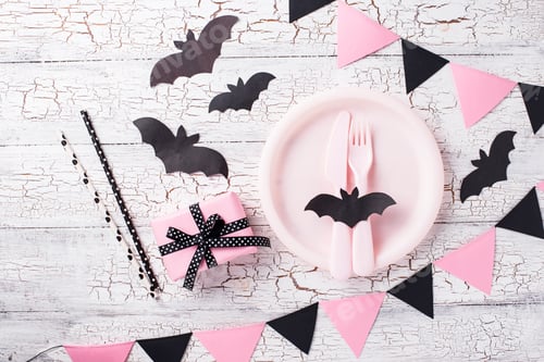 Preview: Halloween black and pink table setting